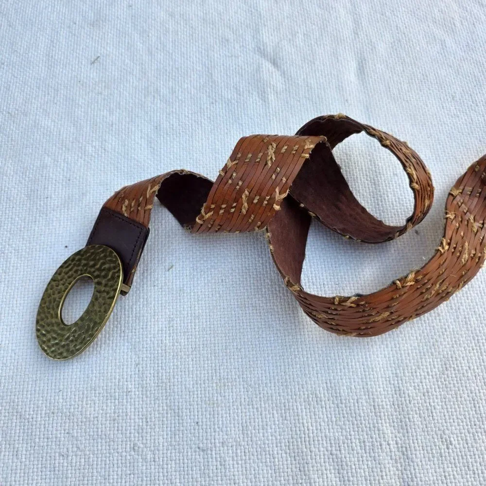 Leather belt woven with hammered brass buckle
